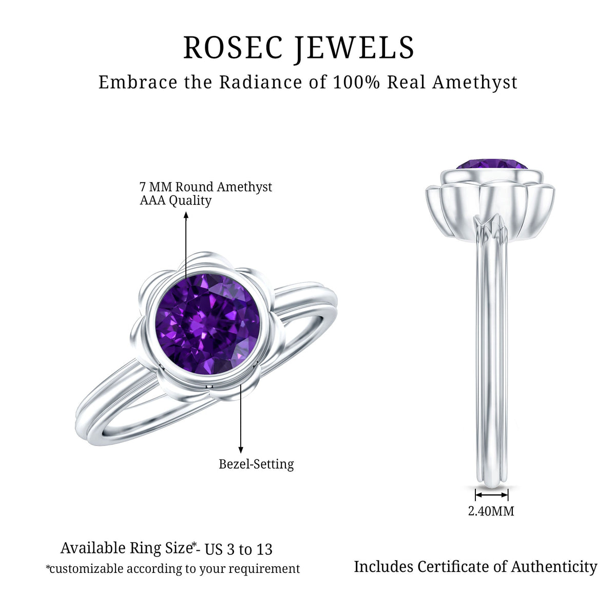 1 Carat Amethyst Engagement Ring in Bezel Setting