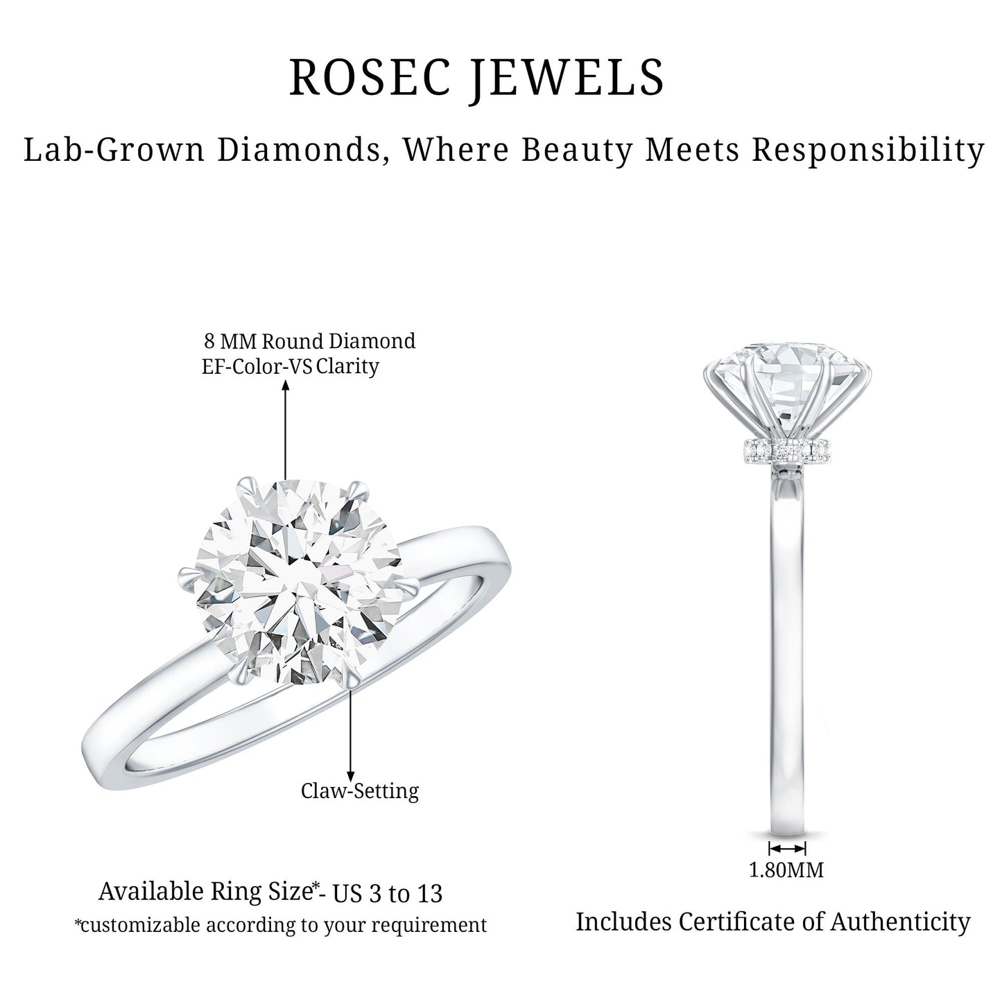 Solitaire Engagement Ring, Hidden Halo | 2 Carat, Round, Lab Diamond