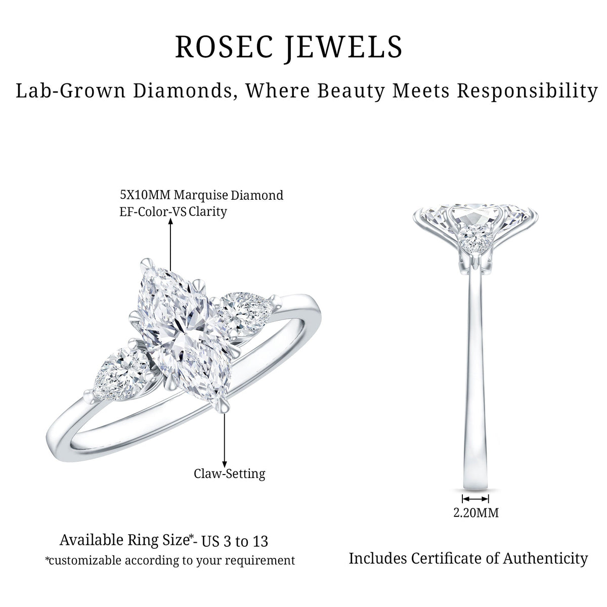 Marquise Three-Stone Lab Grown Diamond Engagement Ring (EF-VS)