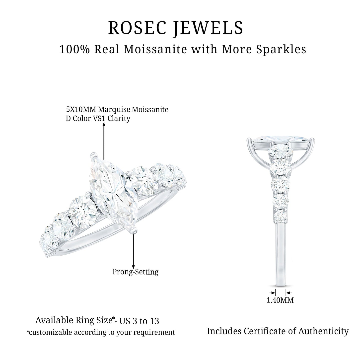 7x14 MM Marquise Moissanite Engagement Ring (Side Stone)