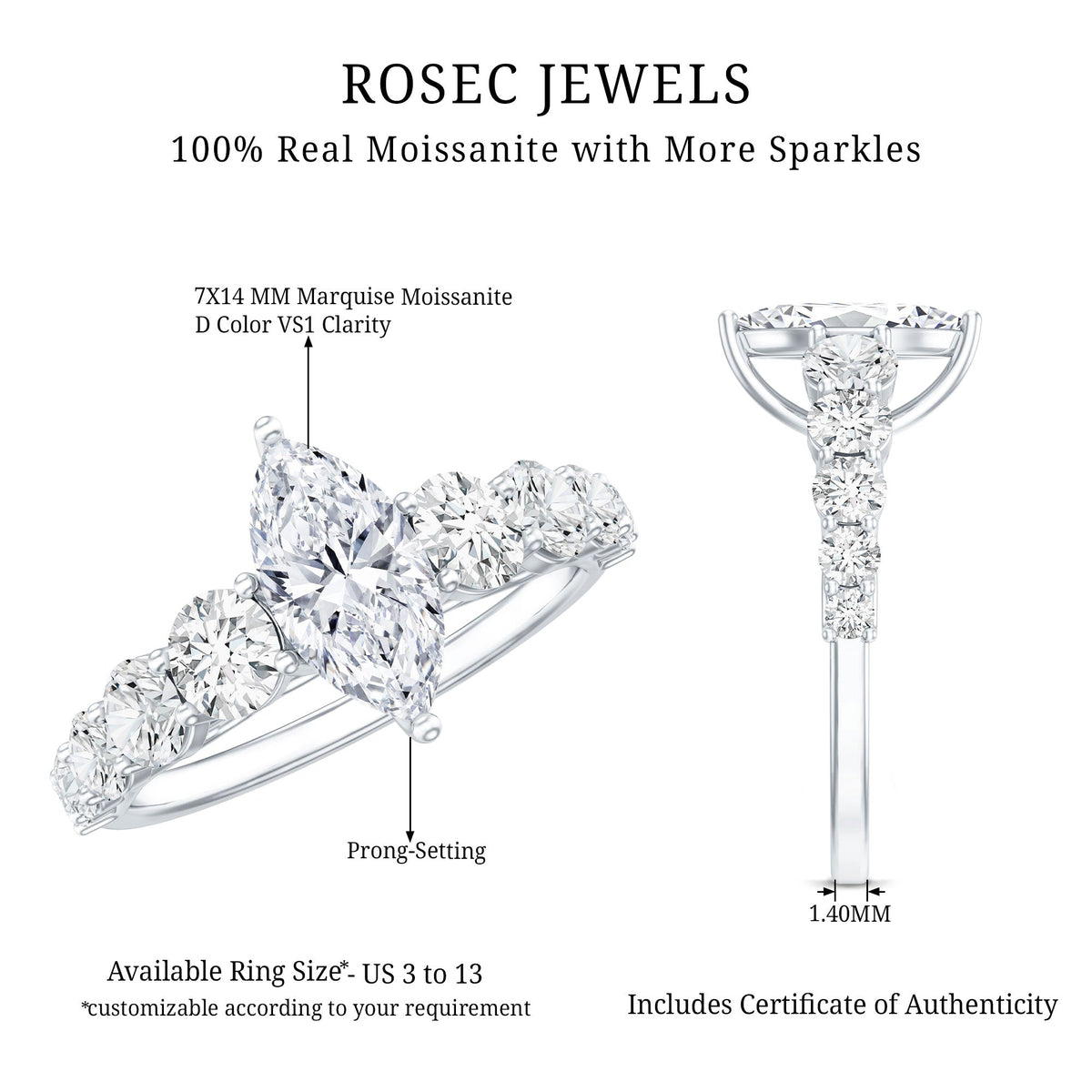 7x14 MM Marquise Moissanite Engagement Ring (Side Stone)