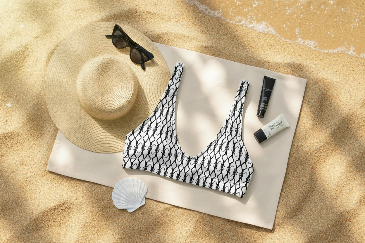 Black and white patterned bikini top with sun hat, sunglasses, sunscreen, and shell on a light background