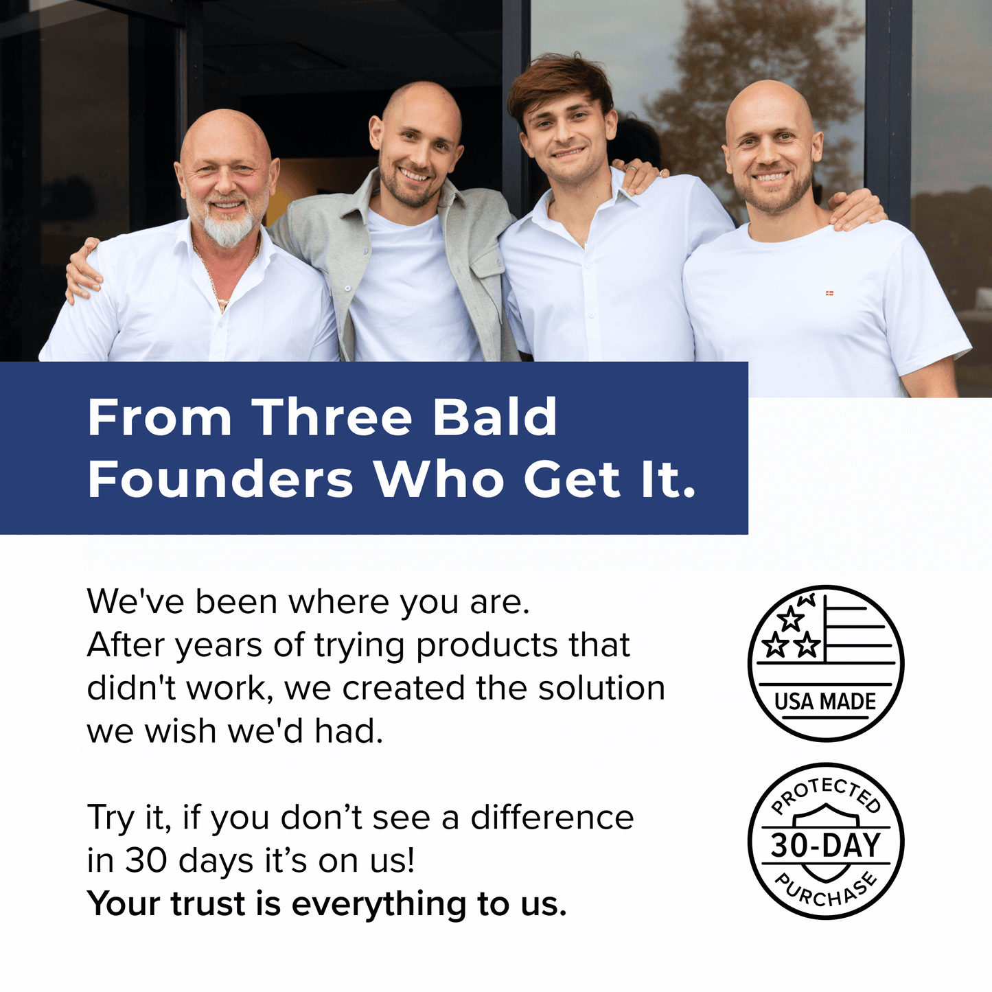 Four men posing together with promotional text and logos on a blue banner.