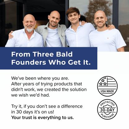 Four men posing together with promotional text and logos on a blue banner.