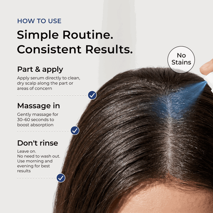 Hair care product application guide with text and close-up of hair.