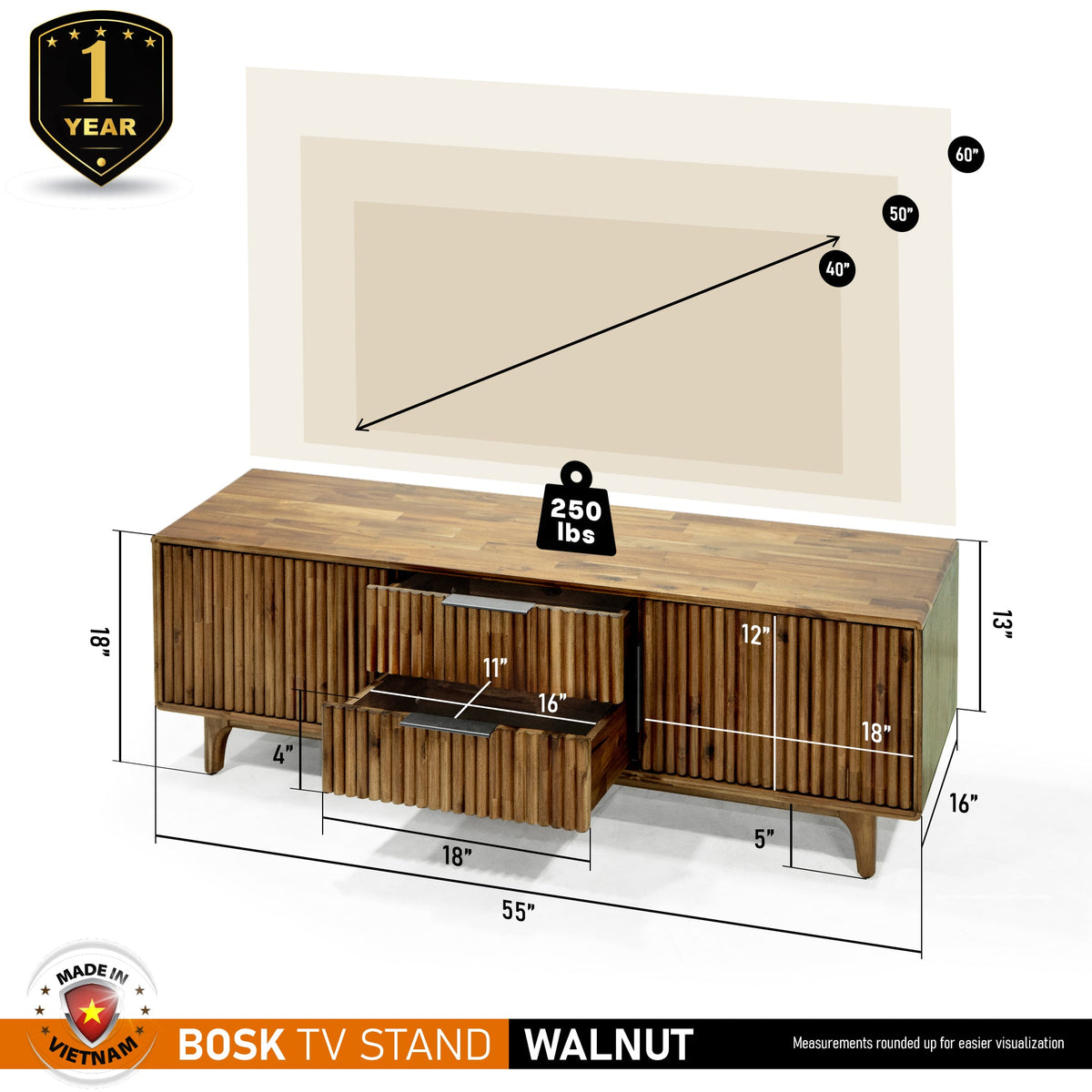 Wooden TV Stand, Fluted