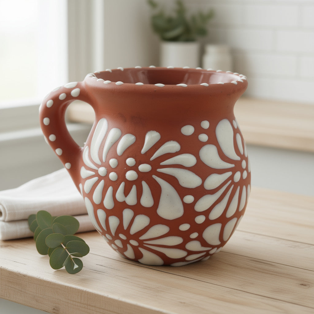 Ceramic mug with white floral patterns on a wooden surface