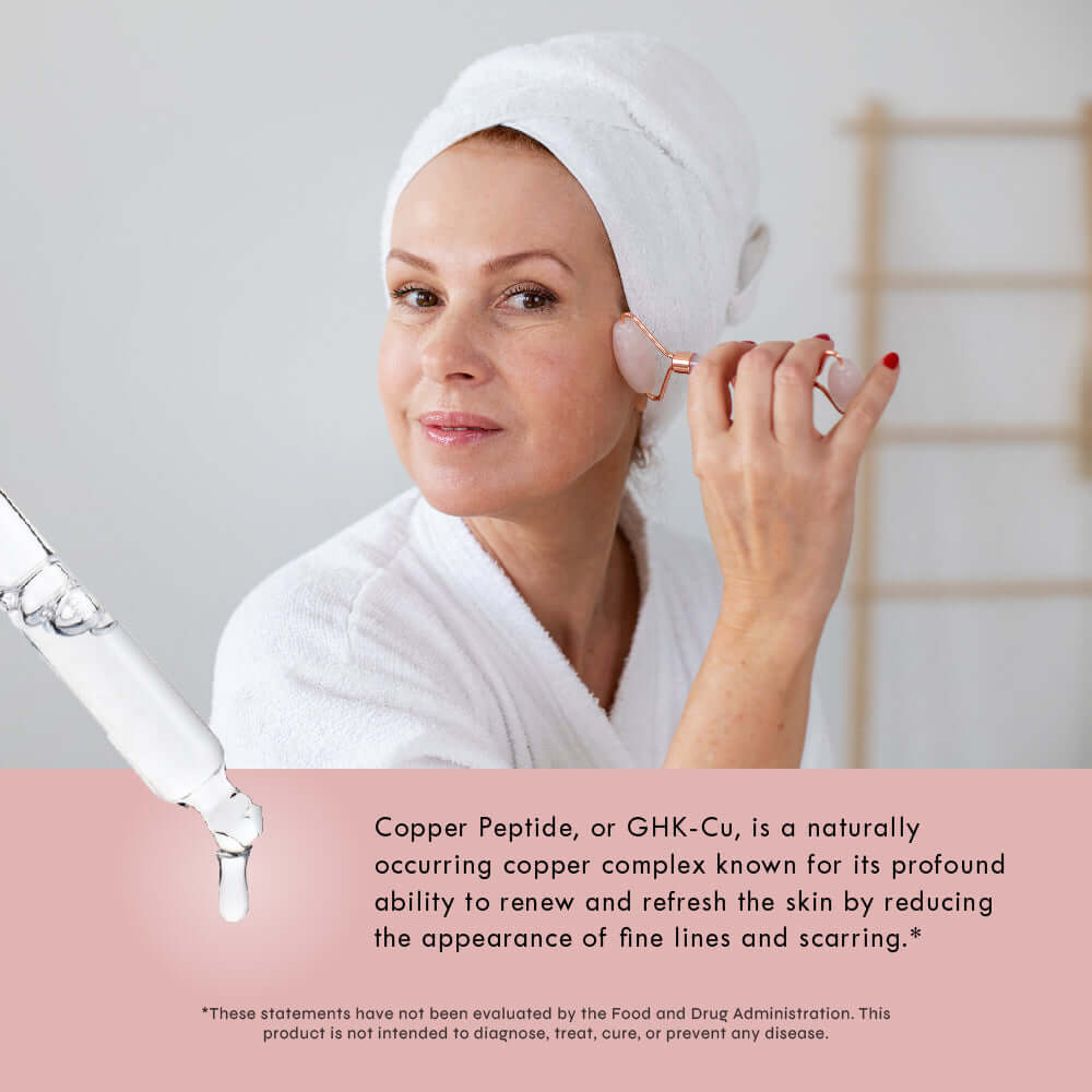 Woman applying skincare product with text about Copper Peptide.