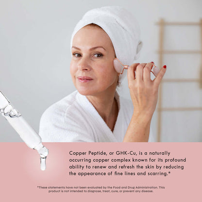 Woman applying skincare product with text about Copper Peptide.