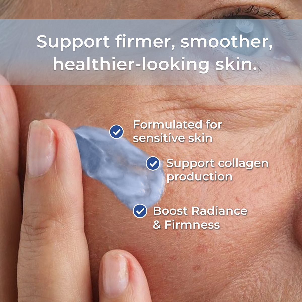 Close-up of a person's face with Neurogan Health Copper Peptide Face cream being spread onto the cheek. White text at the top reads 'Support firmer, smoother, healthier-looking skin.