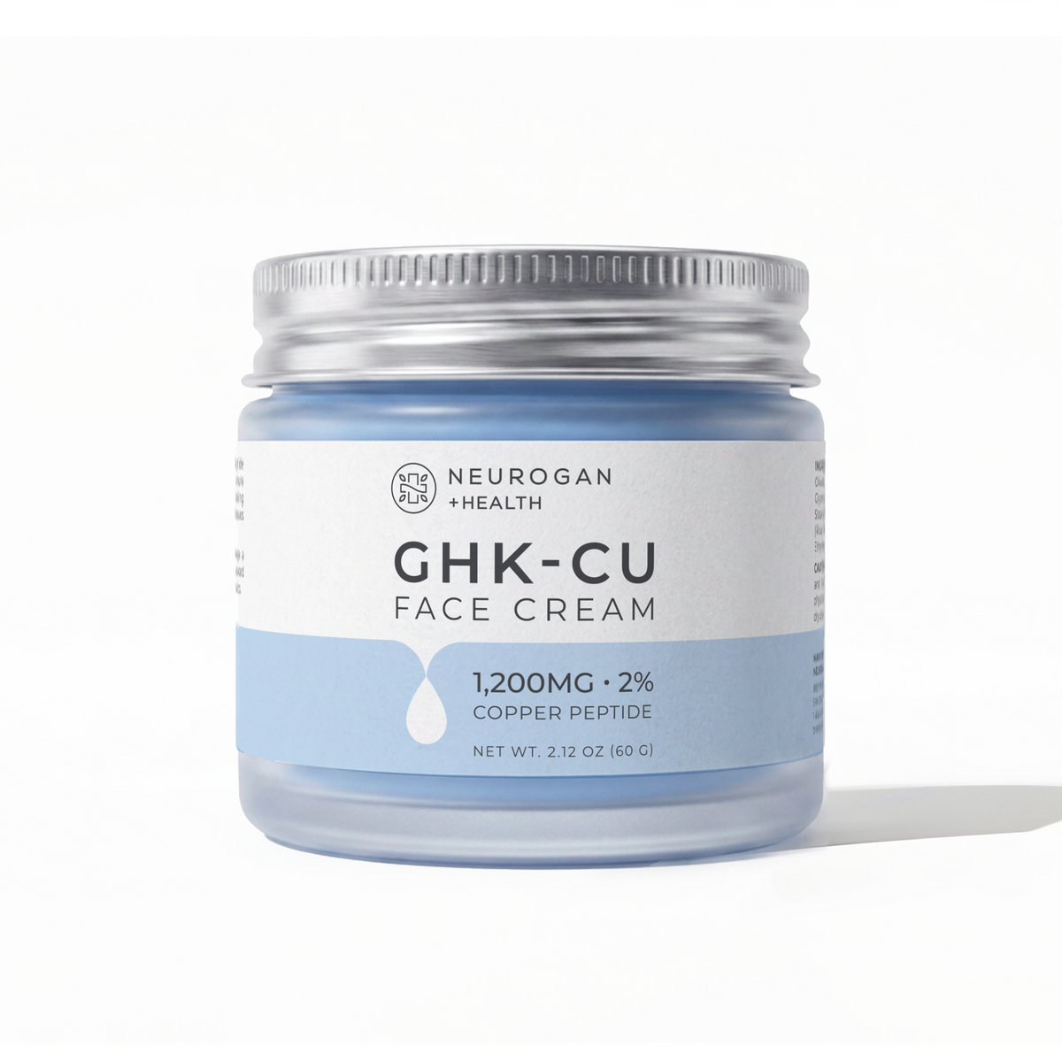 A jar of Neurogan Health GHK-CU Face Cream with a light blue tint, a white and light blue label, and a silver metal lid, set against a clean white background with a soft shadow.