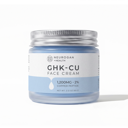 A jar of Neurogan Health GHK-CU Face Cream with a light blue tint, a white and light blue label, and a silver metal lid, set against a clean white background with a soft shadow.