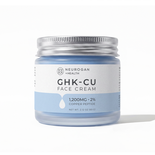 A jar of Neurogan Health GHK-CU Face Cream with a light blue tint, a white and light blue label, and a silver metal lid, set against a clean white background with a soft shadow.