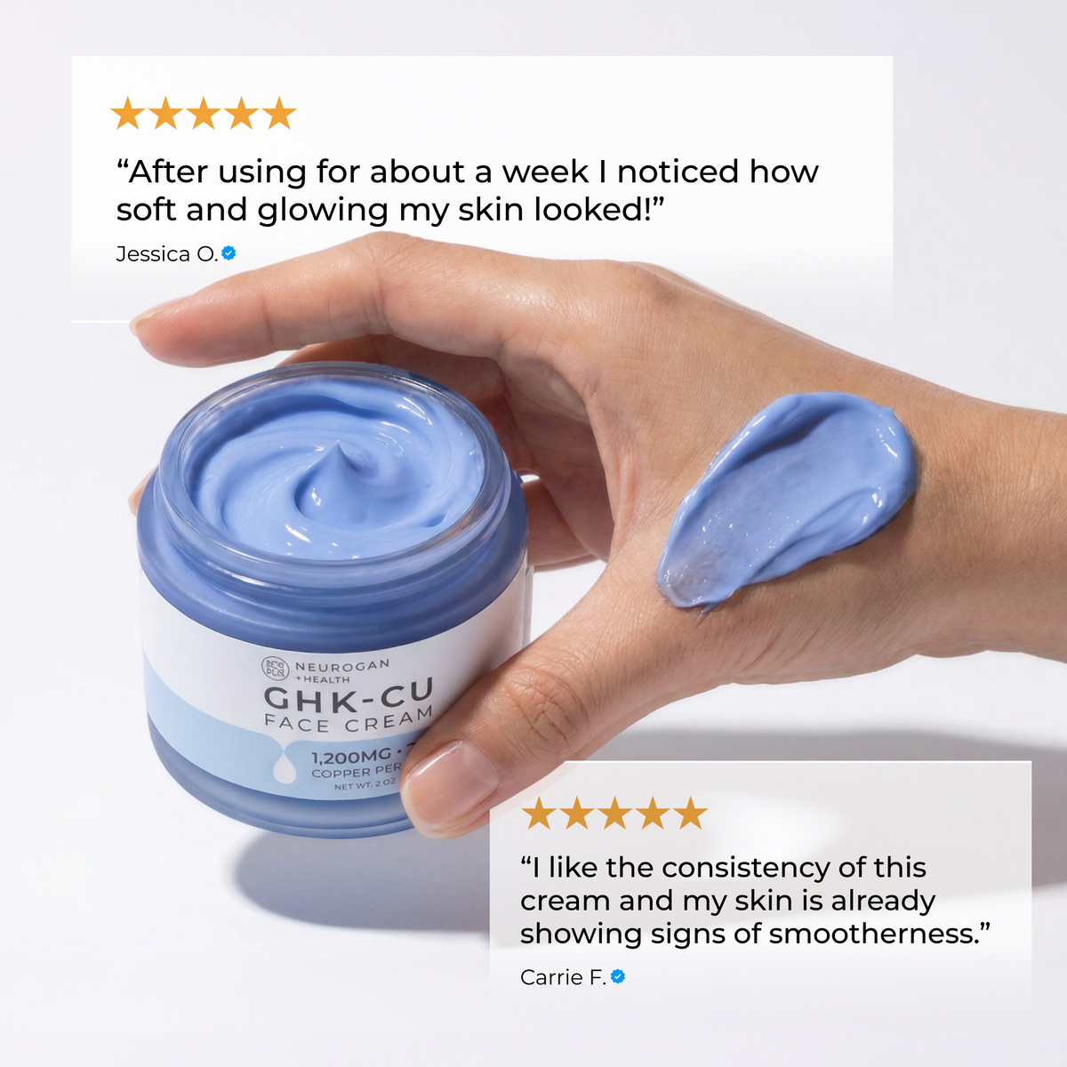 A hand holds an open jar of Neuromed by Neutree GHK-CU Face Cream, showing the light blue cream inside, with a smear of the cream on the fingers. Two customer review text boxes with star ratings are overlaid on the image.