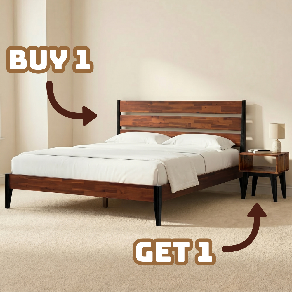 Wooden bed with white bedding in a bedroom setting, promotional text 'BUY 1 GET 1' displayed.
