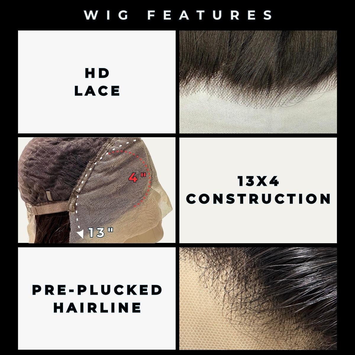 Wig features including HD lace, 13x4 construction, and pre-plucked hairline on a white background.