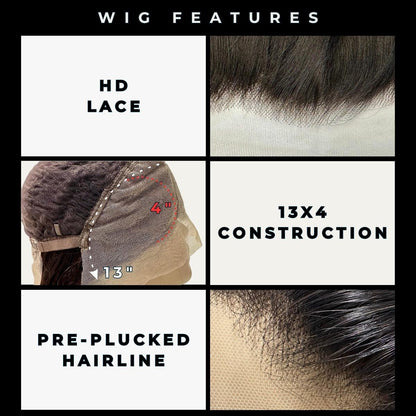 Wig features including HD lace, 13x4 construction, and pre-plucked hairline on a white background.