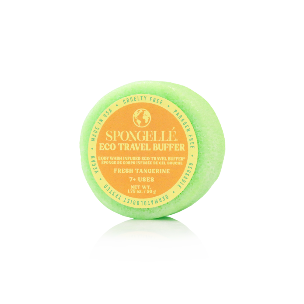 Spongellé Eco Travel Buffer with green and orange design on a white background