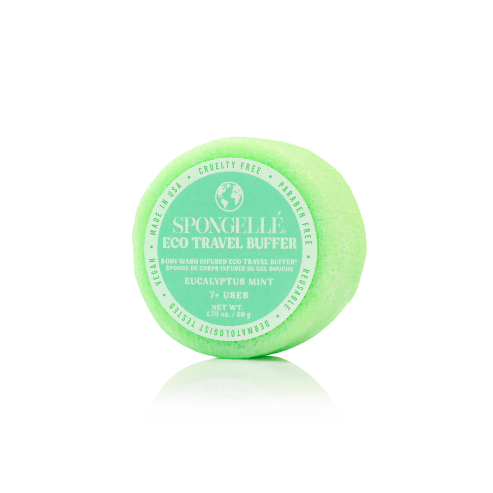 Green travel buffer with 'Spongellé' branding on a white background