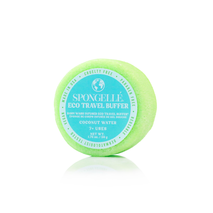 Spongellé Eco Travel Buffer with coconut water on a white background