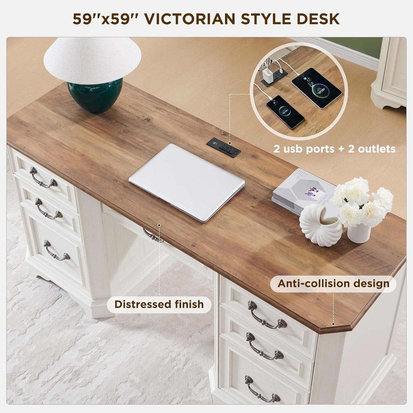 Victorian Farmhouse Desk, Antique White, 59