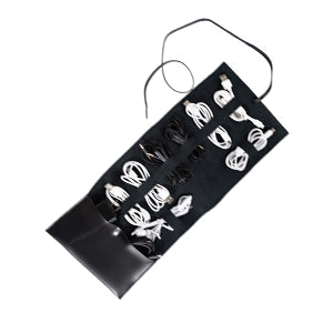 Black travel cord organizer with cords in pouches on white background