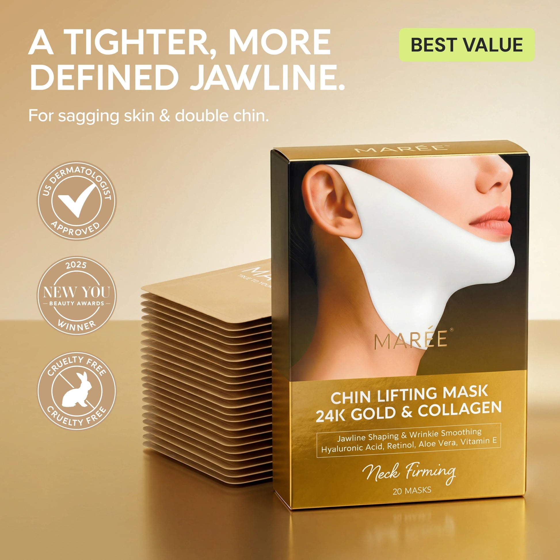 Maree Chin Lifting Mask packaging with product and branding on a beige background