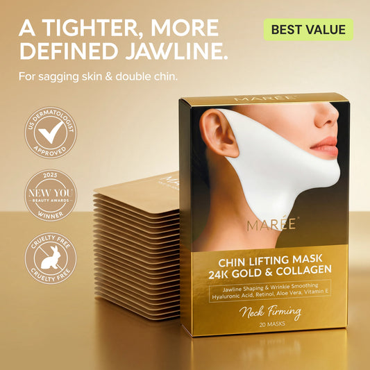 Maree Chin Lifting Mask packaging with product and branding on a beige background