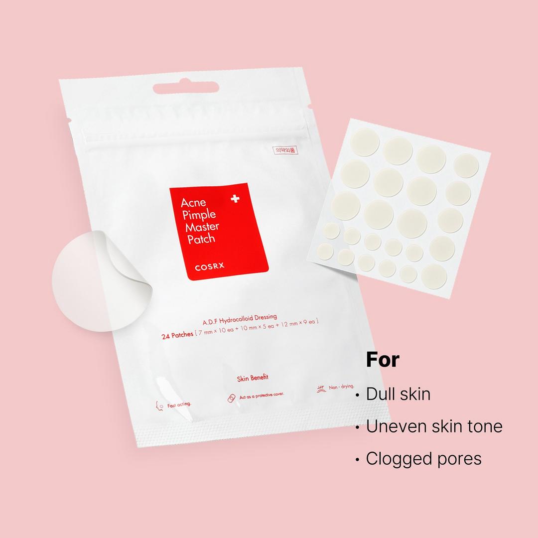 Cosrx Acne Pimple Master Patch packaging with patches on a pink background