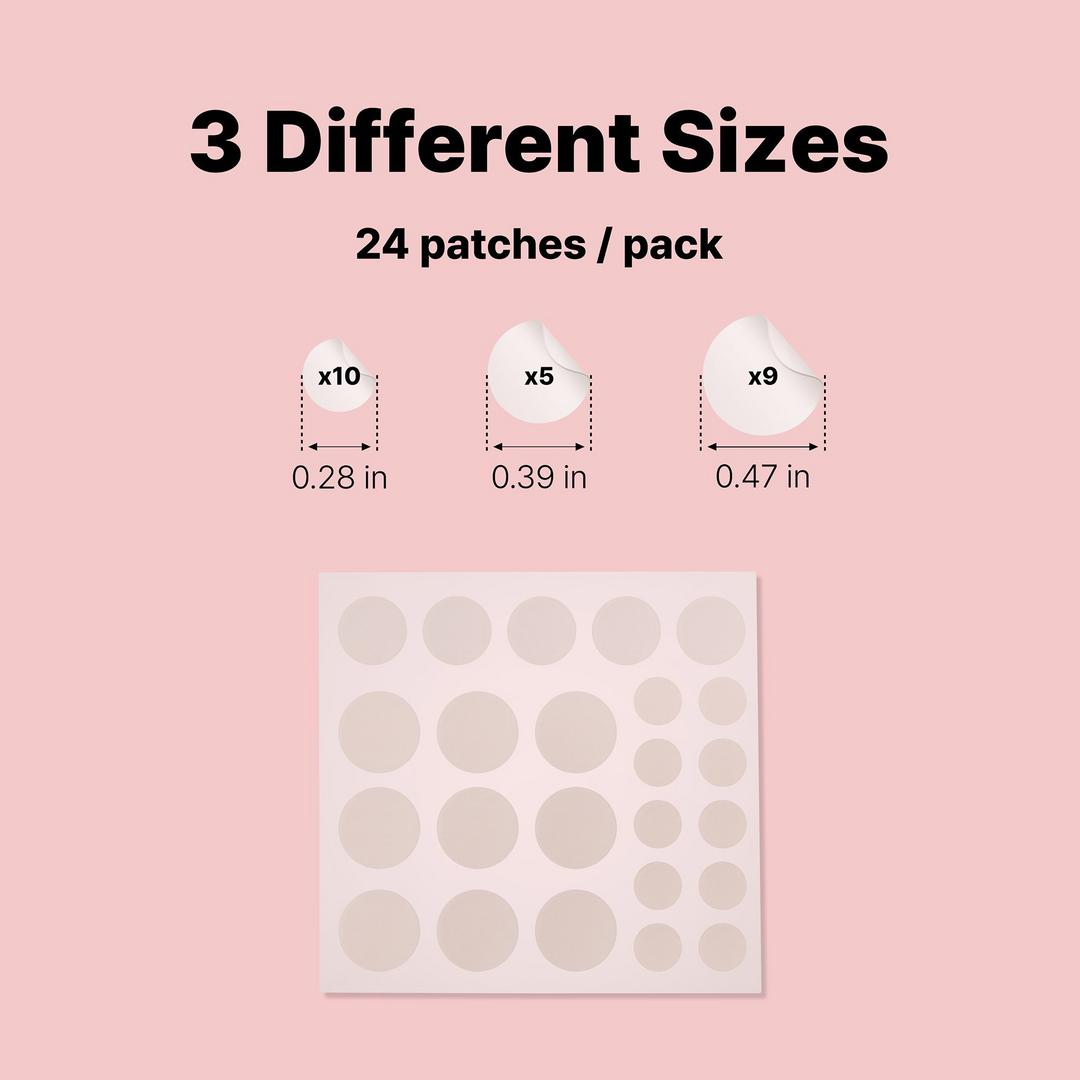 Sheet of adhesive patches with sizes and quantity information on a pink background