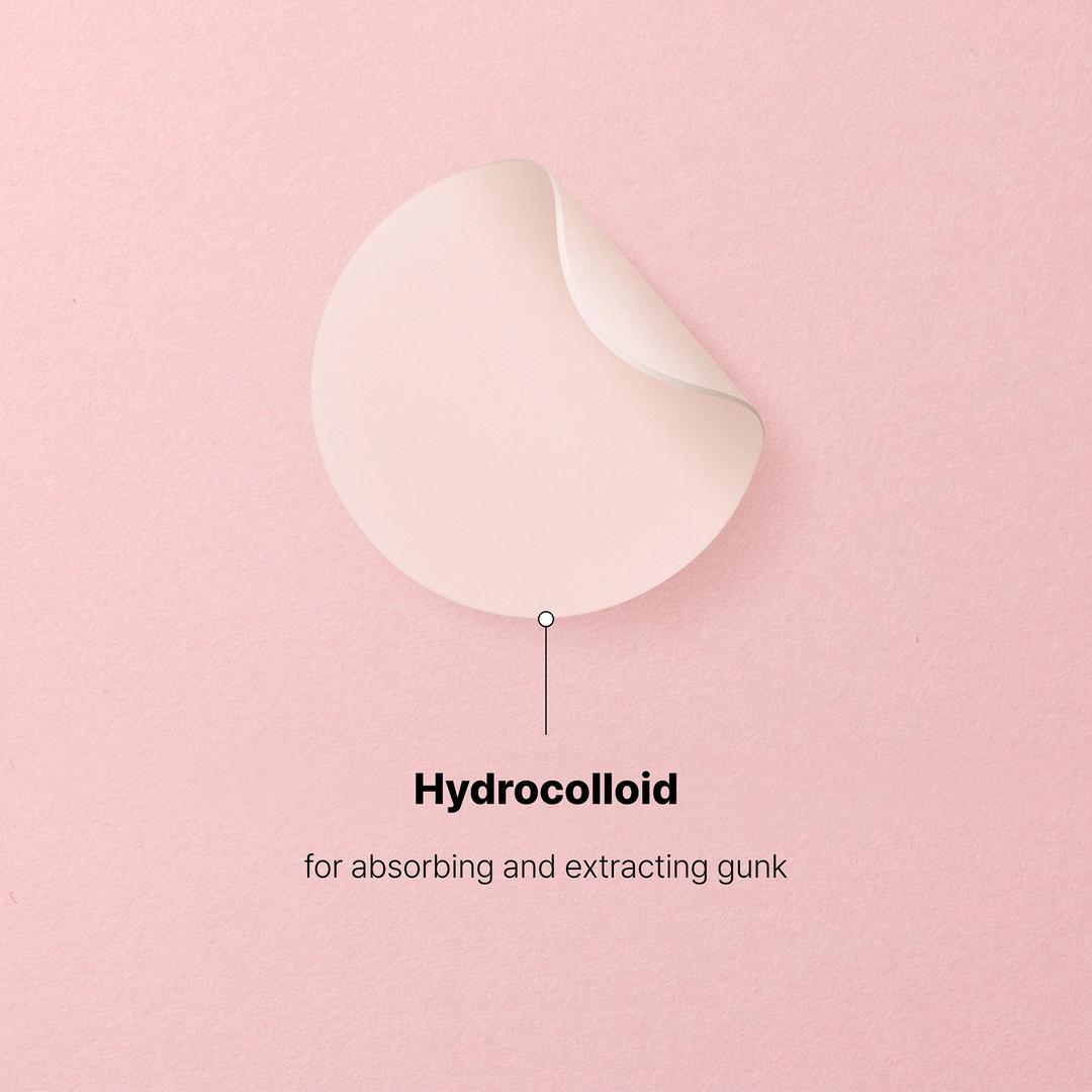 Hydrocolloid dressing on a pink background with text indicating its use.