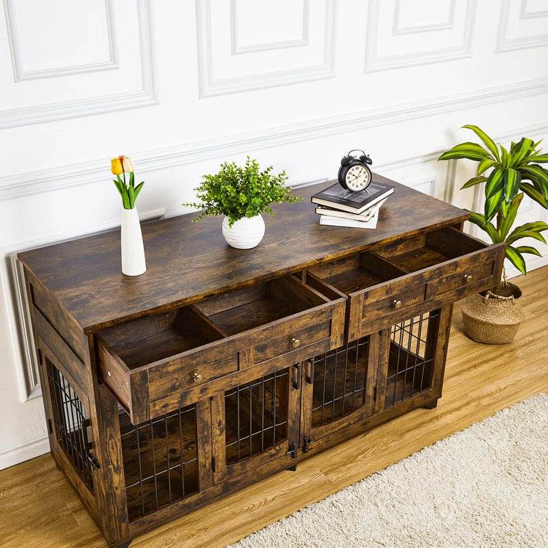 Wooden console table with pet crate doors on a wooden floor.