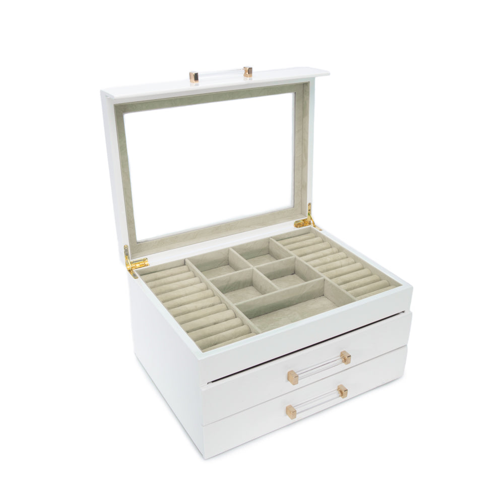 White jewelry box with open lid on a white background