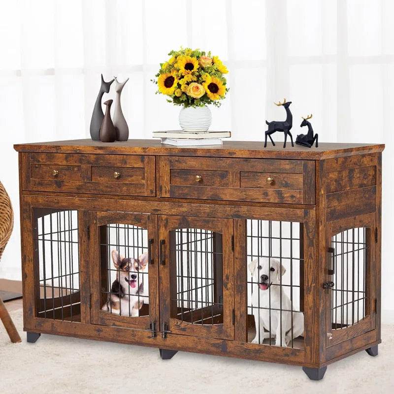 Wooden pet crate with two dogs inside, placed on a decorative table with flowers and statues.