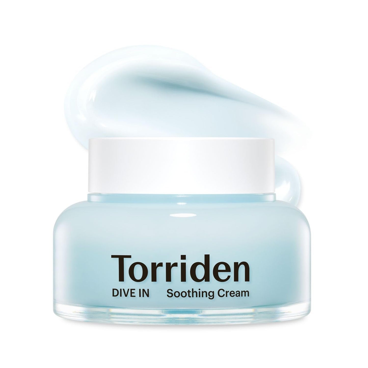 Torriden soothing cream jar with a white cap on a white background