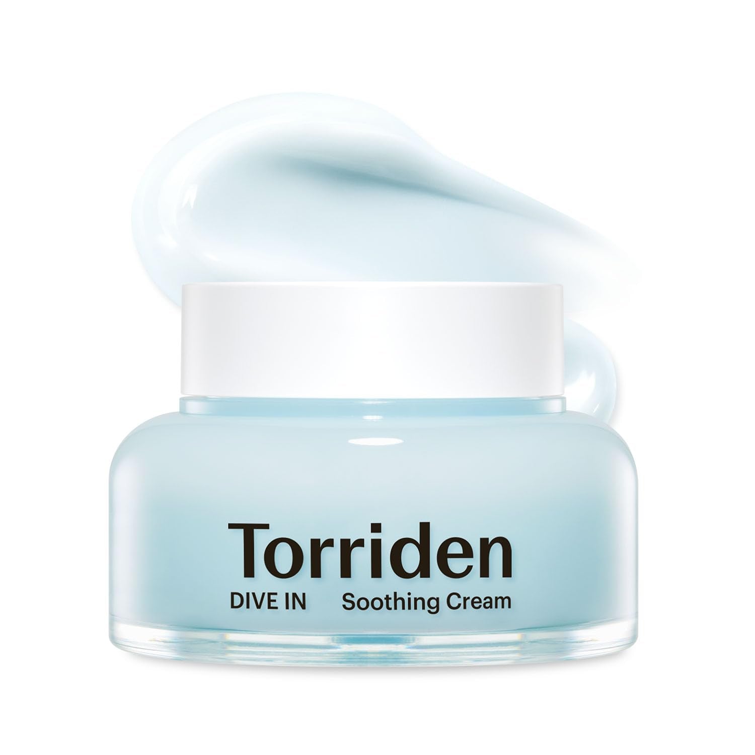 Torriden soothing cream jar with a white cap on a white background