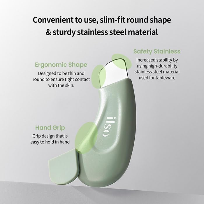 Green handheld device with text highlighting its features on a light gray background