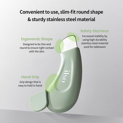 Green handheld device with text highlighting its features on a light gray background
