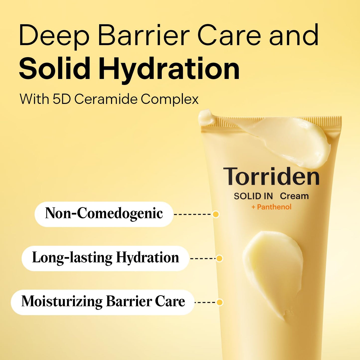 Torriden Solid IN Cream tube with product benefits on a yellow background