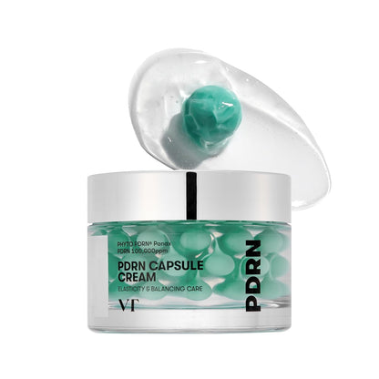Jar of PDRN Porn Capsule Cream with green capsules on a white background
