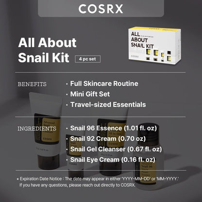 COSRX All About Snail Kit with products and packaging on a dark background
