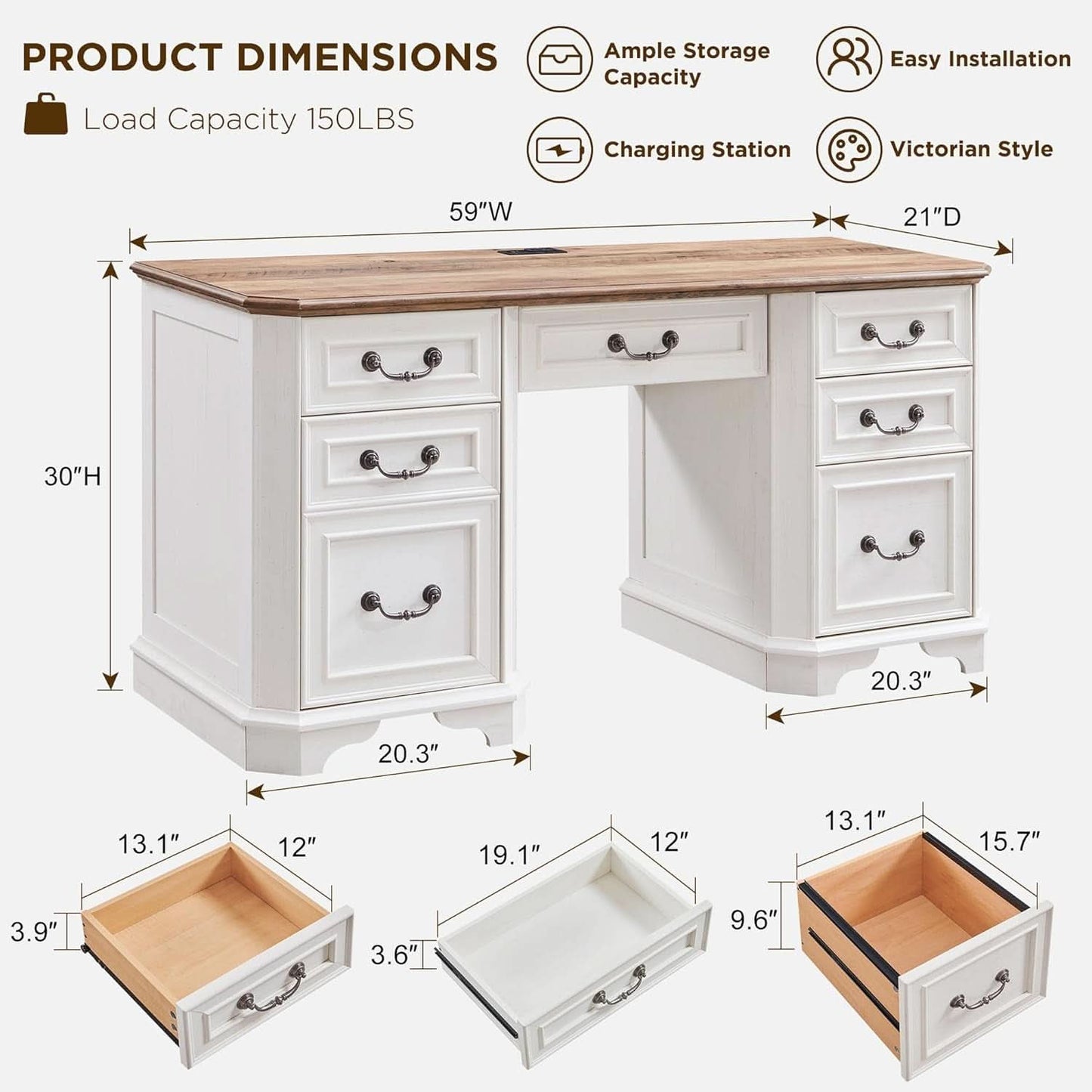 Victorian Farmhouse Desk, Antique White, 59
