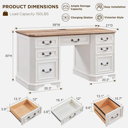 Victorian Farmhouse Desk, Antique White, 59