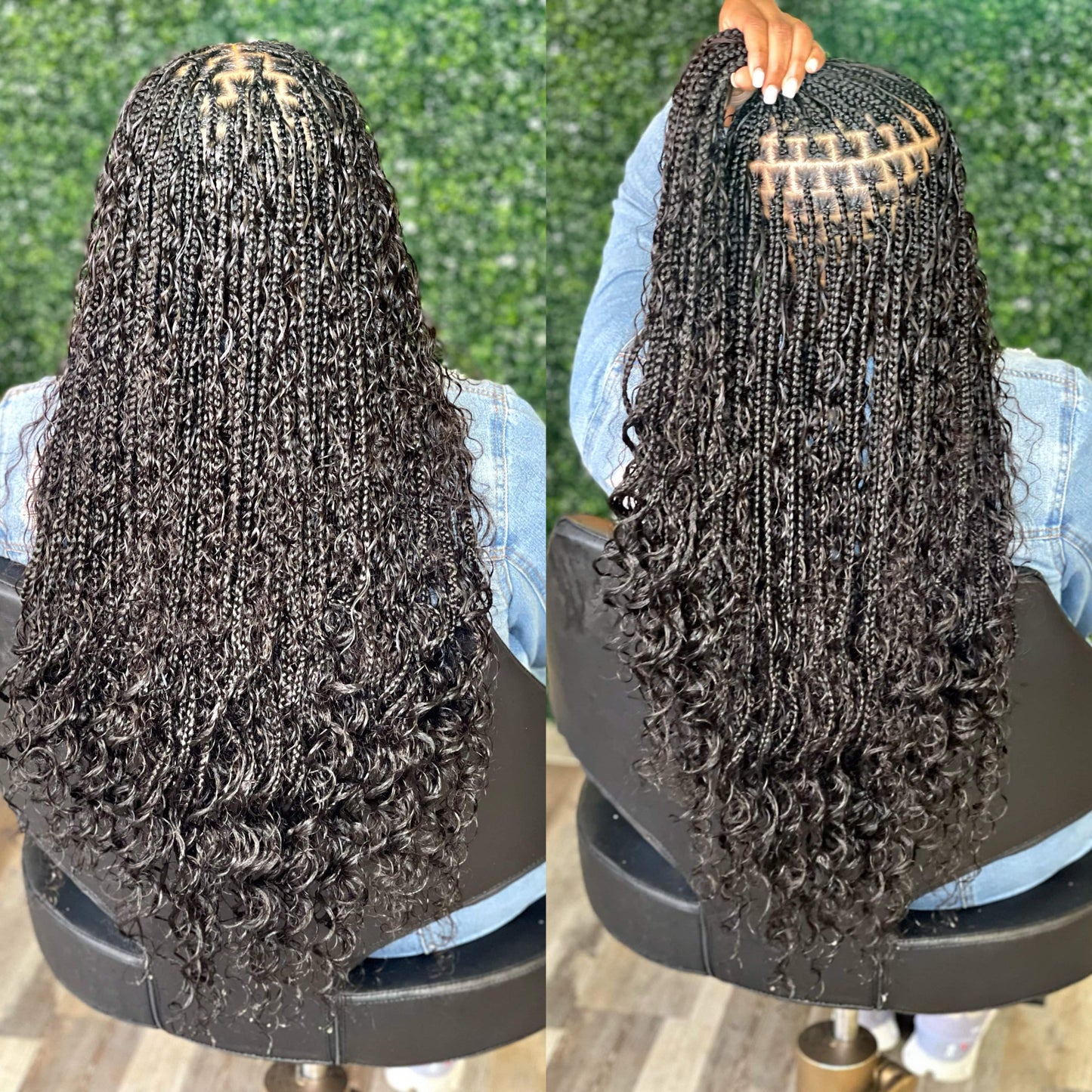 Two views of a person with braided hair styled in box braids against a green textured background.