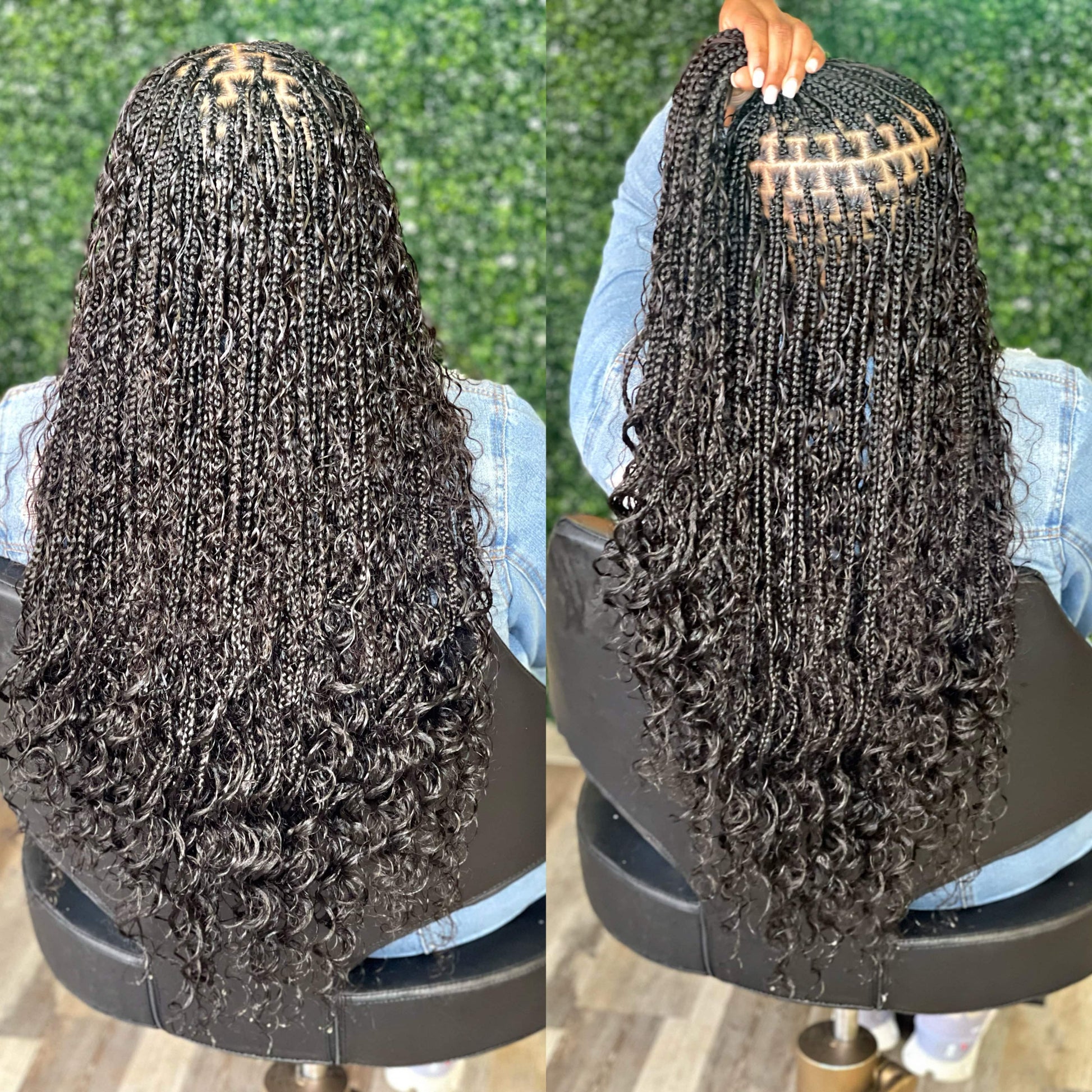 Two views of a person with braided hair styled in box braids against a green textured background.