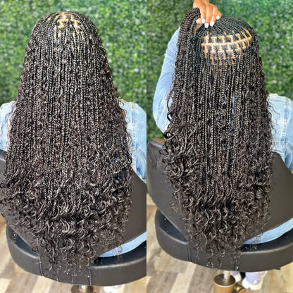 Two views of a person with braided hair styled in box braids against a green textured background.