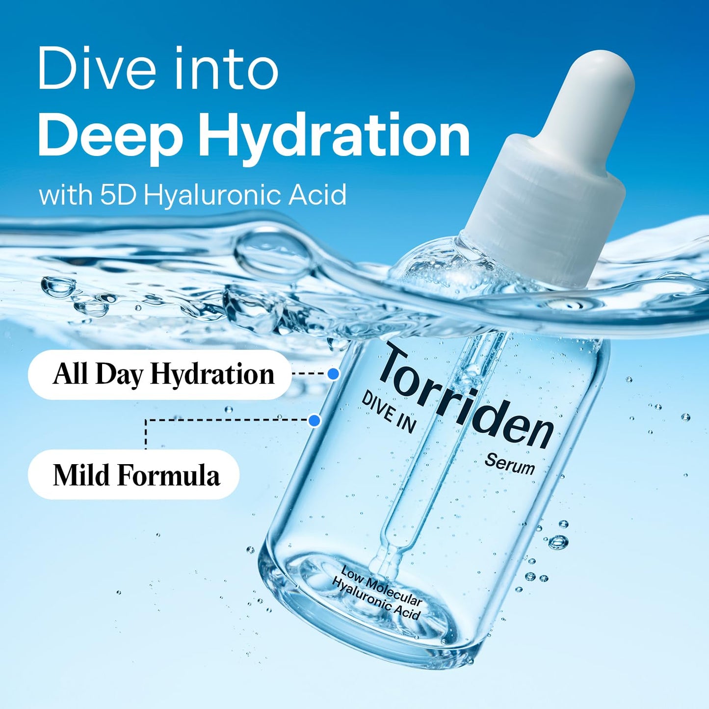 Torriden serum bottle with dropper on a blue background, promoting deep hydration with 5D Hyaluronic Acid.