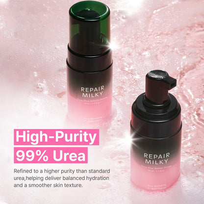 Two bottles of Repair Milky skincare product on a pink textured background with text about high-purity urea.