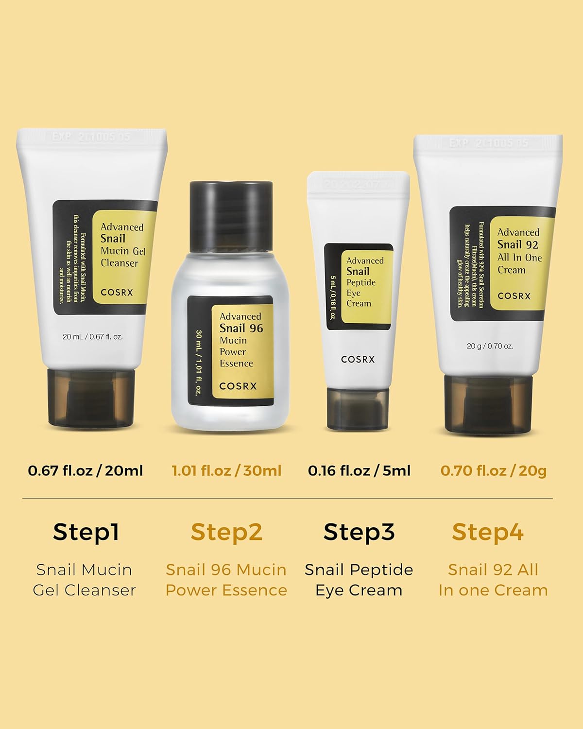 CosRX snail mucin skincare product set on a beige background