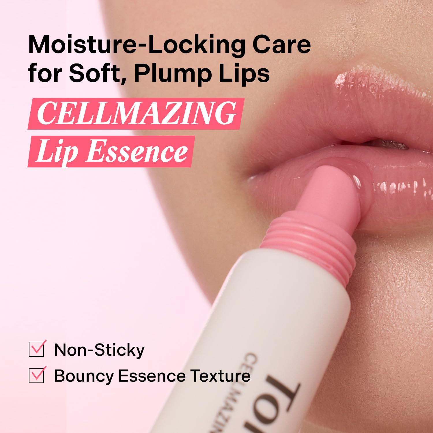 Lip balm with text highlighting moisture-locking care for soft, plump lips and features of the product.